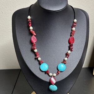 Chic Turquoise and Red Beaded Necklace